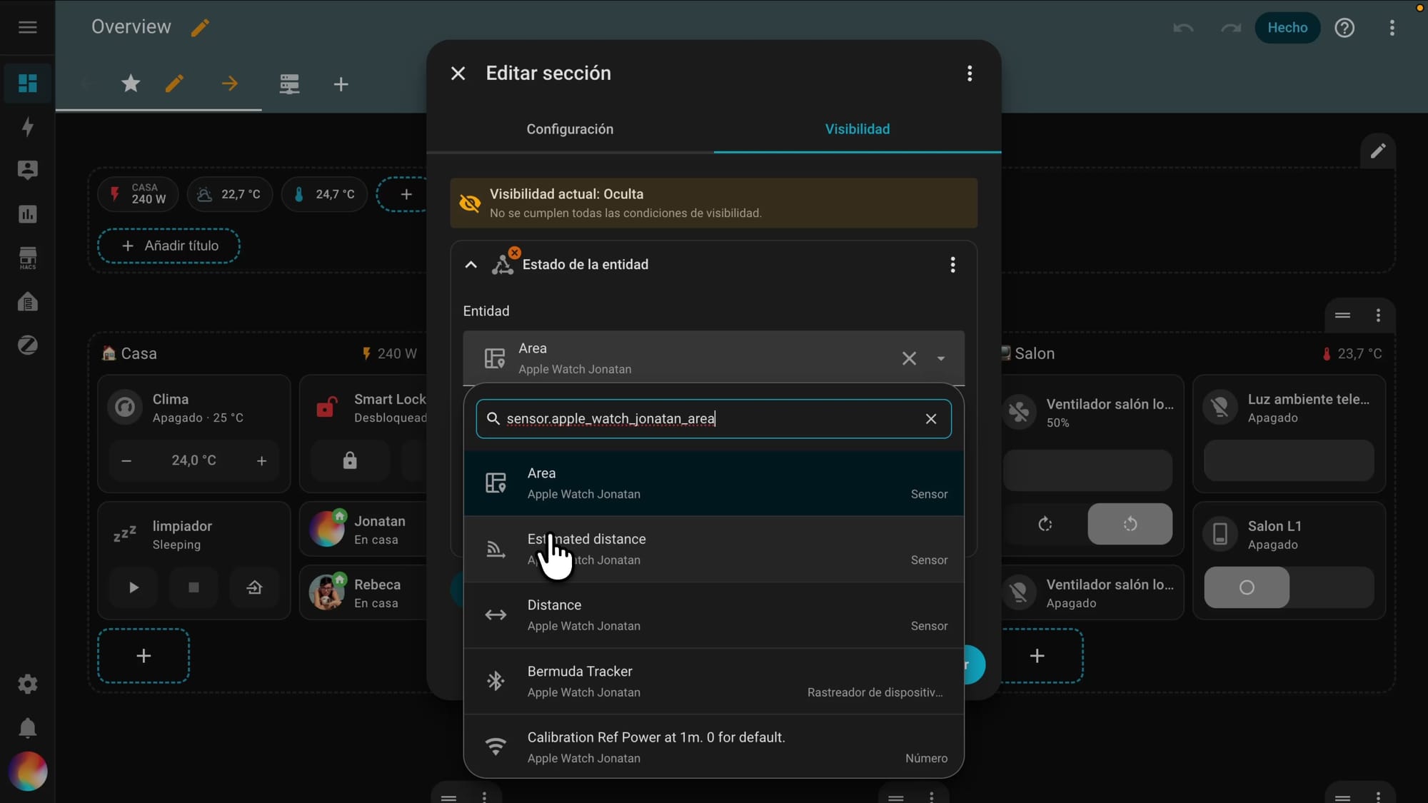 Condición de visibilidad de un panel de Home Assistant según el área del Apple Watch